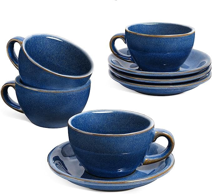 LE TAUCI 6 oz Cappuccino Cups with Saucers, Set of 4 Ceramic Coffee