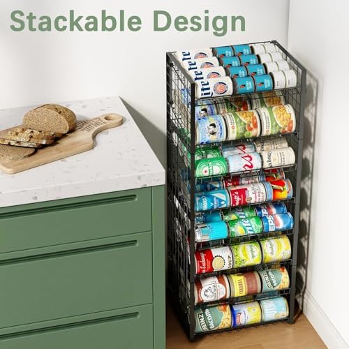 JKsmart 2-Tier Stackable Rack Organizer for Pantry, Adjustable Dispenser Holds Up to 120 Cans, Storage Holder for Various Ounces of Canned Drinks, Black, 4 Pack