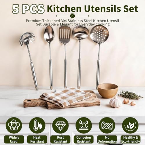5 Pcs Cooking Utensils Set,18/8 Metal Stainless Steel Kitchen Utensils