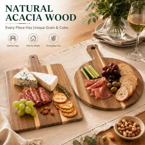 Acacia Wood Cutting Boards with Handle Set of 2, Charcuterie Boards for Cheese, Pizza, Bread, Steak & Appetizers, Round & Rectangle Decorative Serving Boards