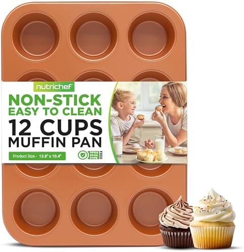NutriChef 12-cup Copper Oven Muffin Pan, Non-Stick Coated Layer