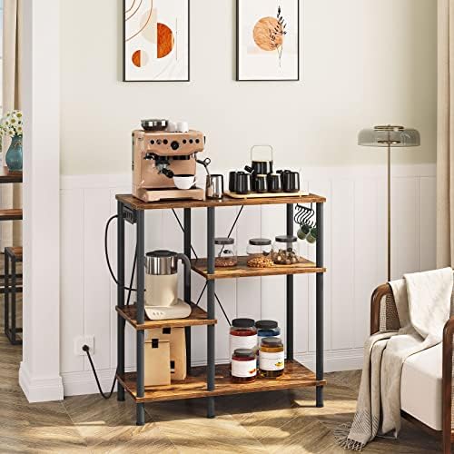 HOOBRO Bakers Rack with Power Outlet, Rustic Brown and Black
