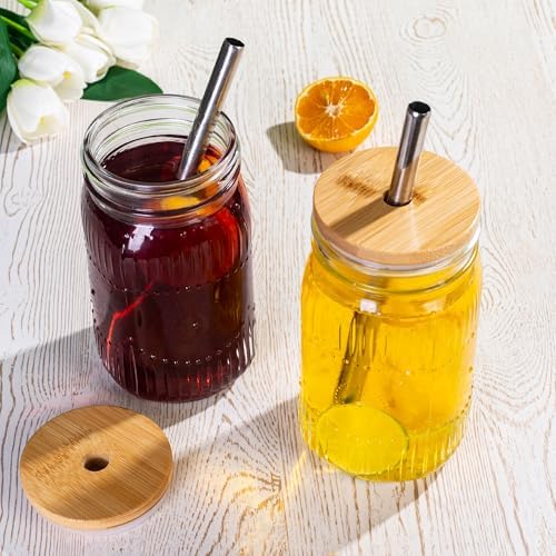 Amzcku 32oz vintage Mason Jars with Bamboo Lids and Stainless Steel