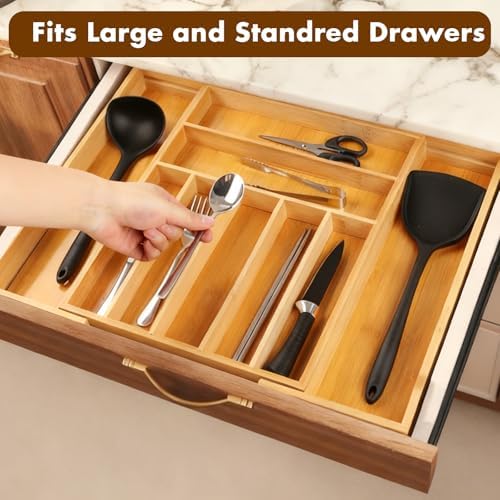 Bamboo Drawer Organizer, Expandable Flatware Cutlery Tray, 9 Slots