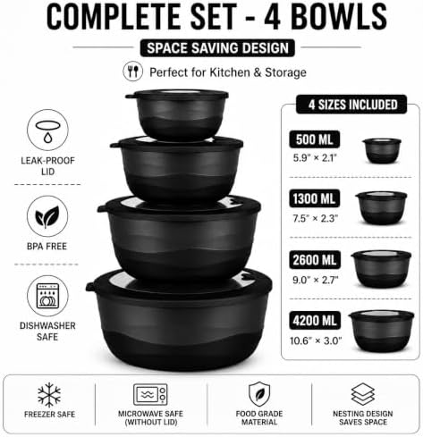 Pera Plastic Mixing Bowls with Lids Set, 8 Piece