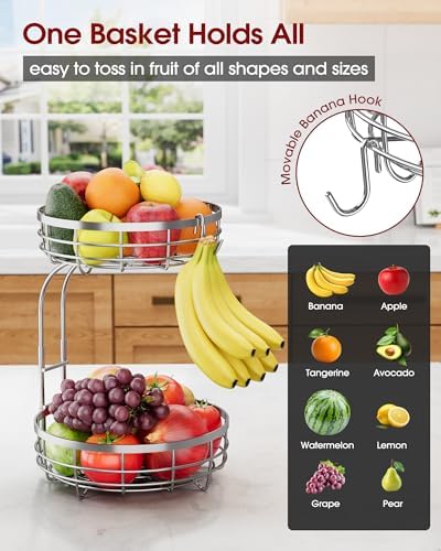 Sakugi Fruit Basket for Kitchen Counter - 2-Tier Large Capacity Fruit Bowl with Detachable Banana Hanger, Rust-Proof Metal Fruit Holder for Vegetables, Bread, Toiletry,10" D x 10" W x 14" H, Silver.