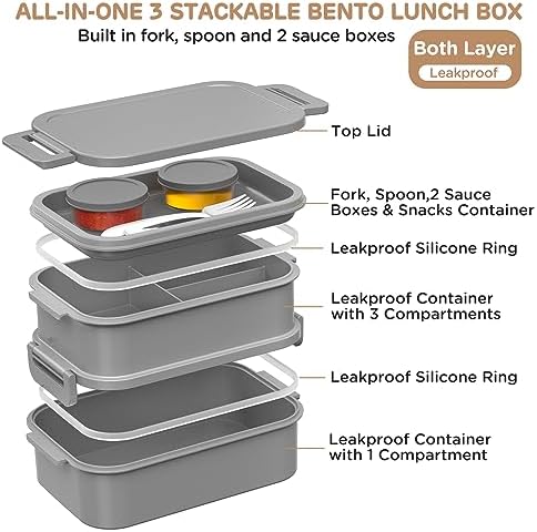 DaCool 2 Pack 74 OZ Stackable Bento Lunch Box, Grey