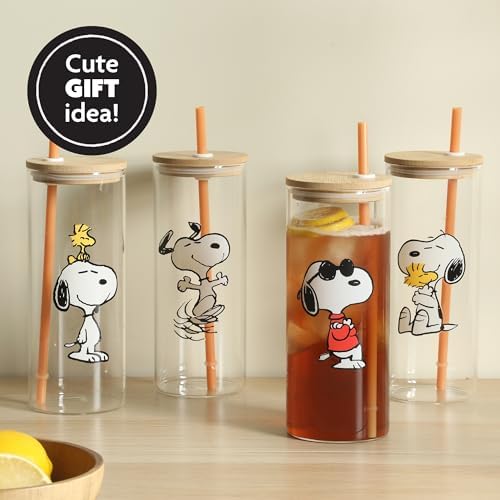 Peanuts Snoopy Happy Sips 4 Piece 23 OZ Tumbler Set with 4 Bamboo Lids