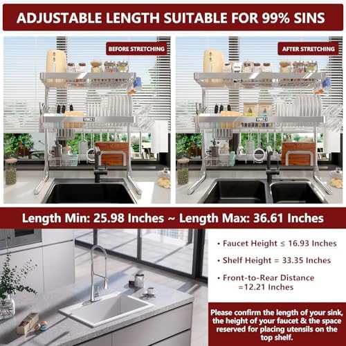 VNKZI 3-Tier Adjustable Over-Sink Dish Rack, 25.98'' to 36.61''