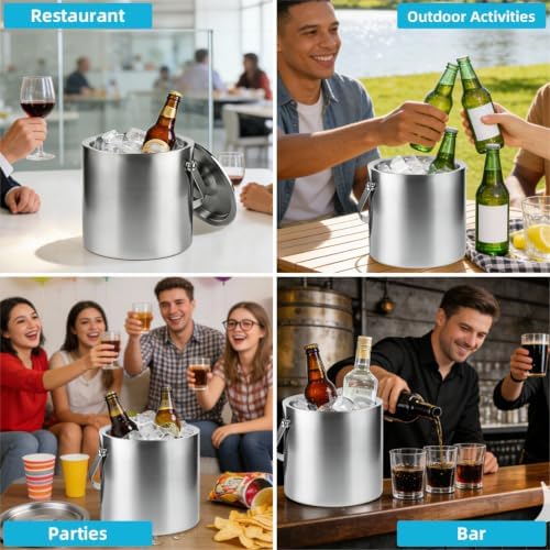ChefBee 3L Double-Wall Stainless Steel Ice Bucket with Lid & Tongs