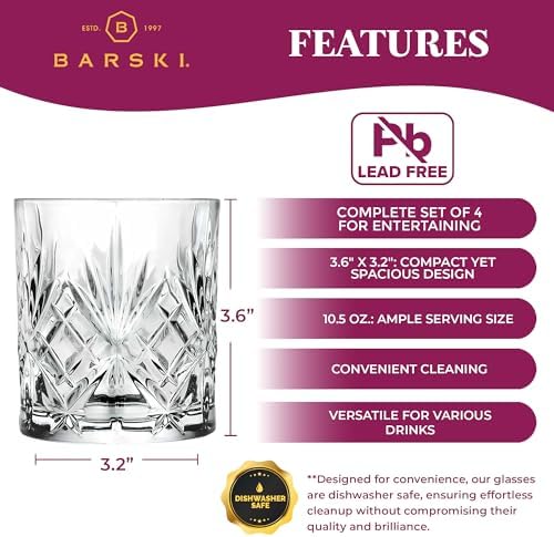Barski Whiskey Glasses - Double Old Fashioned Rocks Glass - Set of 4