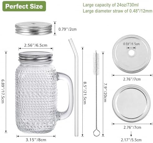 DaYammi 6 Pack 24oz Hobnail Mason Jars with Lids & Straws, Handle