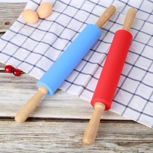 Inch Silicone Rolling Pin with Blue Wood Handle, Non Stick Baking Tool