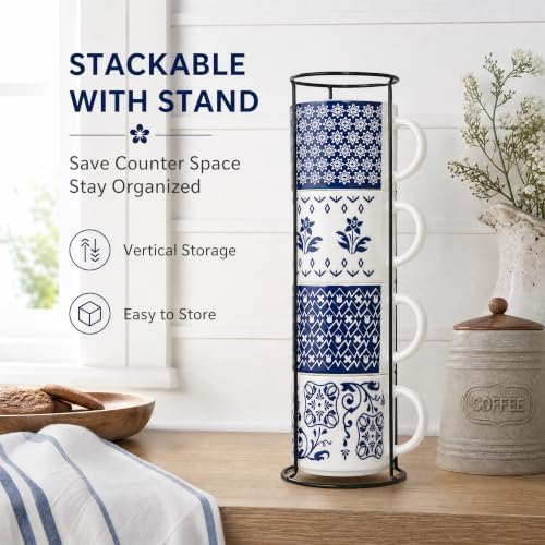 Eorbow 4 Pack Ceramic Coffee Mug Set with Rack, 16 OZ Stackable