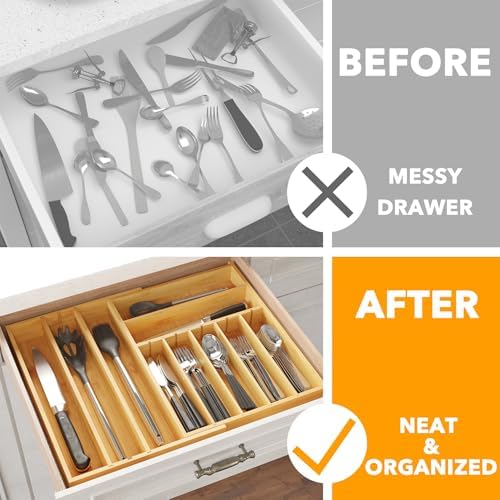 SpaceAid 2.5" High Bamboo Silverware Drawer Organizer with Labels