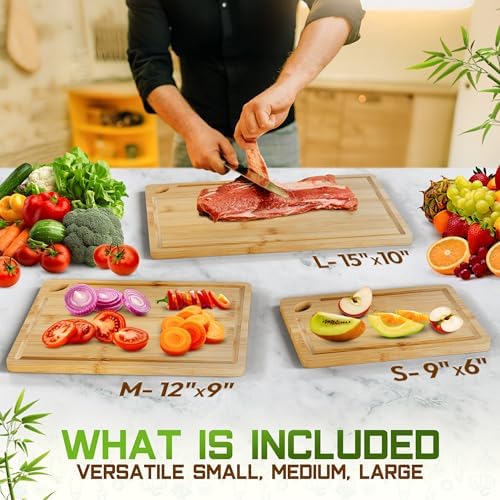 Bamboo Cutting Board Set of 3 (15x10, 12x9, 9x6) – Extra-Thick, Deep