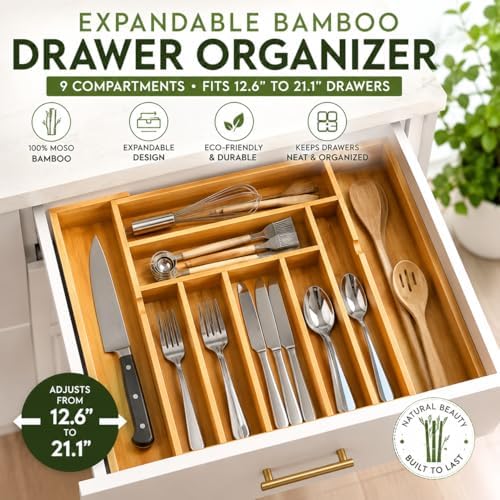 Tiny Earth Threads Bamboo Expandable Drawer Organizer – 9 Compartments