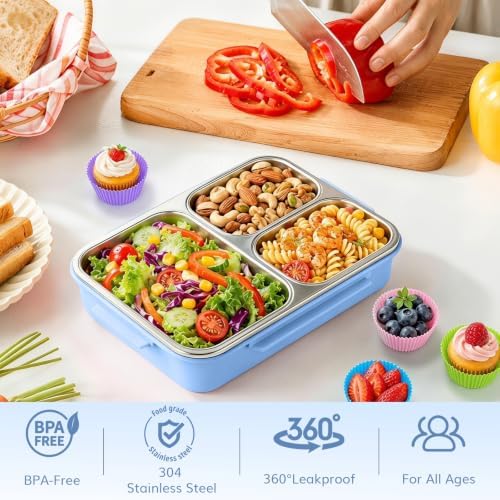 KHOXU Stainless Steel Lunch Box for Kids, Bento Box Adults, 28oz Blue