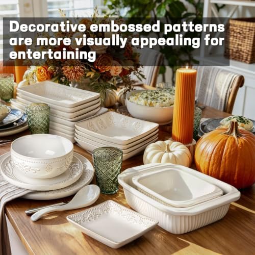 Artena Salad Plates Set of 4, 9.85" Embossed Ceramic Rectangular Appetizer Plates, Deep Lipped Edges, Microwave & Dishwasher Safe, Dessert Sushi Pasta Serving Plates (White, Multiple Patterns)
