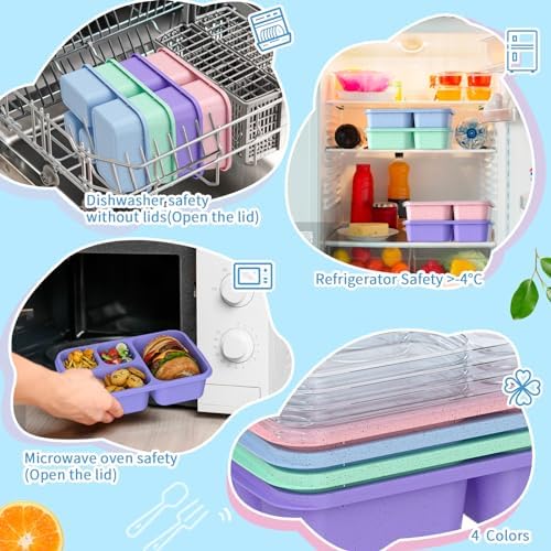 Bento Box 4-Pack 5-Compartment Meal Prep Containers, BPA-Free Plastic