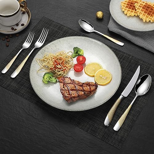 Lemeya 20-Piece Hammered Silver Gold Silverware Set for 4,18/10