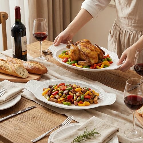 2 Pack Porcelain Oval Serving Platters, 14 Inch Large Embossed White