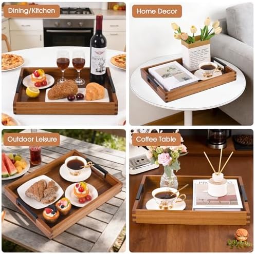 Joy&Grace Acacia Wood Serving Tray with Handles 17" x 13", Natural