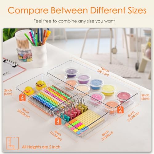 Criusia Drawer Organizer, 10 Pack Large Clear Plastic Set, 3 Size