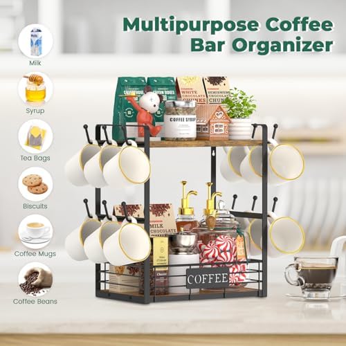 EsLuker.ly 2 Tier Mug Holder, 12 Hooks, Vintage Brown Black