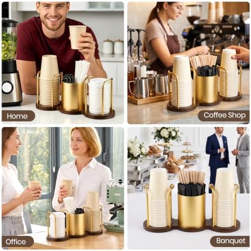 Coffee Cup Dispenser, Straw and Stirrer Storage, Gold, S