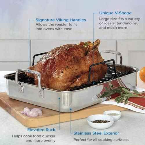 Viking 3-Ply Stainless Steel Roasting Pan with Non Stick Rack, 16 x 13 Inch Kitchen Cookware, Great for Turkey, Dishwasher and Oven Safe, Induction Ready, Silver