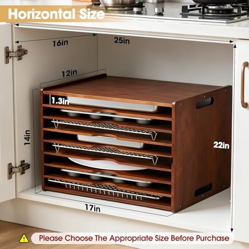 8-Tier Baking Sheet Organizer for Cabinet, 17 x 12 x 14 in Wooden Tray Divider Rack, Bamboo Cutting Board, Pan, Tray and Cookie Sheet Organizer for Kitchen Storage