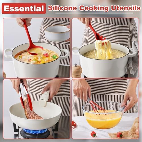 LIANYU 14 Pcs Silicone Cooking Utensils Set with Holder, Red