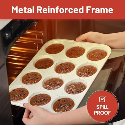 CAKETIME Silicone Muffin Pan, Metal Reinforced Frame Cupcake Pan 12