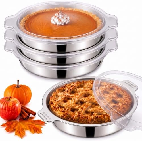 4 Pcs 10" Round Stainless Steel Pie Pans with Lids for Baking &