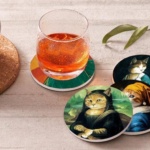 4inch Round Fun cat-Themed Marble Coaster with Storage Rack 8pcs