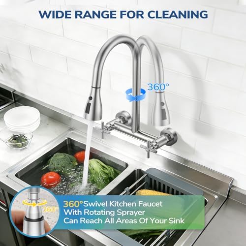 HURRAN Wall Mount Kitchen Faucet with Pull-Down Sprayer, Brushed