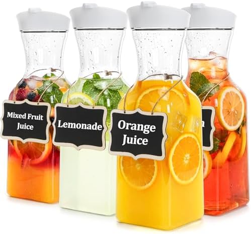 Jucoan 4 Pack 1 Liter Plastic Juice Carafe with Lids for Mimosa Bar
