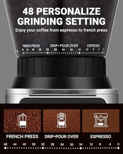 AMZCHEF Burr Coffee Grinder, 48 Settings, Metallic Silver