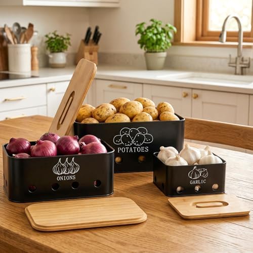 3 Pack Potato Onion Garlic Storage Set, Bamboo Lids