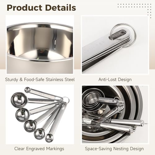 17 PCS Stainless Steel Mixing Bowls Set, Includes 3 Sizes Containers