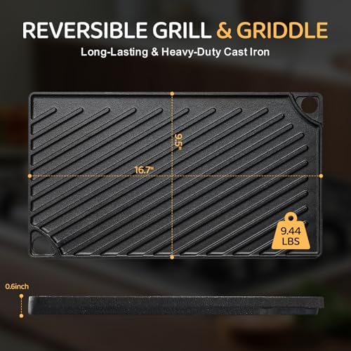 EWFEN Reversible Grill/Griddle, 16.7x9.5'' Pre-Seasoned Cast Iron Griddle Pan, Double Burner Cookware, Rectangular Stovetop Griddle with Handles, Flat Top Plate for Oven, Grill & Campfire