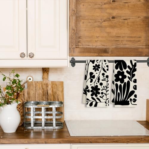 ArtisaEura Boho Abstract Retro Black Floral Kitchen Towels, Mid