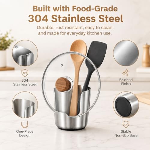 304 Stainless Steel Kitchen Utensil Holder, Countertop Pot Lid & Spoon