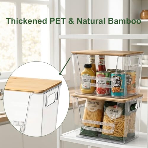 FUSHITON 2 Set Pantry Organizers, Clear Trash Bag Holder with Bamboo
