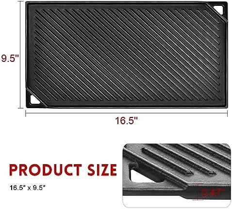 GGC Reversible Cast Iron Griddle, 16.5" x 9.5" Rectangular Griddle Pan