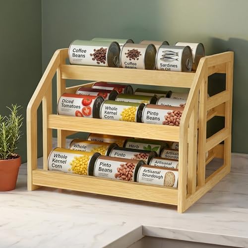 Bamboo Can Organizer for Pantry Cabinet, 3 Tier Tilt Rack Holds 36