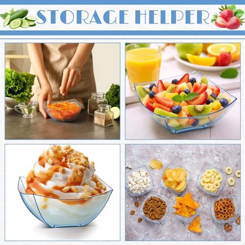Tanlade 50 Pcs Square Plastic Serving Bowls Disposable Salad, Blue
