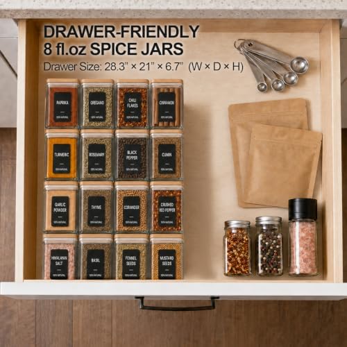 ComSaf Square Glass Spice Jars with Labels 8 oz 16 Pack with Bamboo