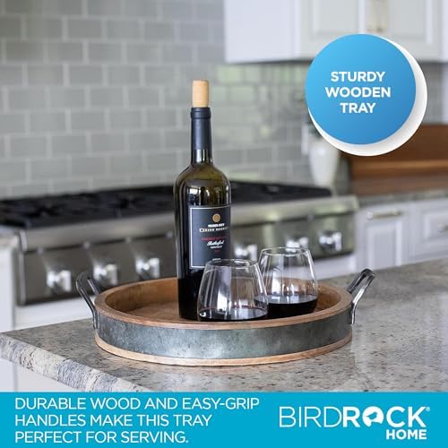 BIRDROCK HOME Round Wood Serving Tray with Handles and Iron Accents